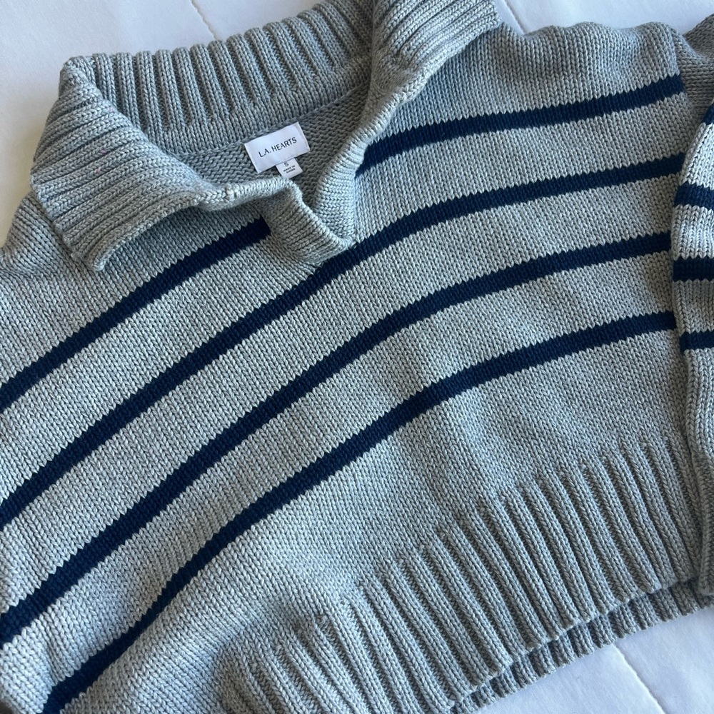 La Hearts Gray Cropped Polo Sweater with Navy Stripes